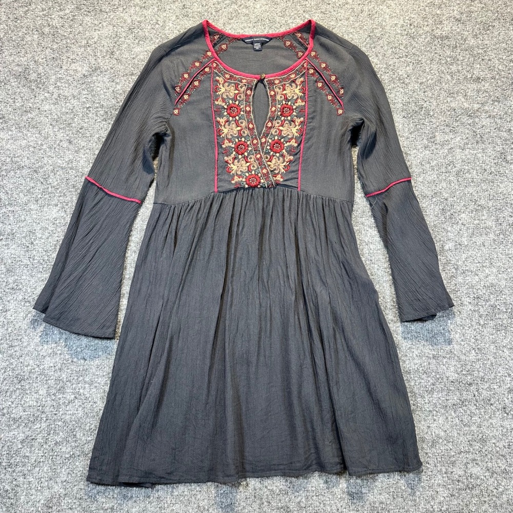 American Eagle Mini Dress Women Small Grey Boho Embroidered Bell Sleeve 97376155